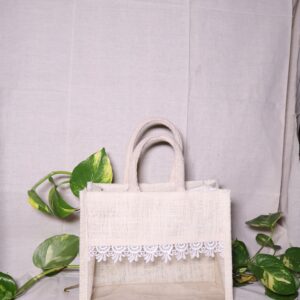 10x8x5 Inch Jute Gift Hamper Bags Off White color with Window, Zip & Lace – Eco-Friendly Gift Packaging for Festive, Wedding & Corporate Use