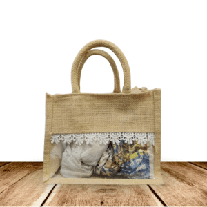 10x8x5 Inch Jute Gift Hamper Bags with Window, Zip & Lace – Eco-Friendly Gift Packaging for Festive, Wedding & Corporate Use