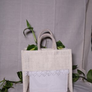 10x11x5 Inch Jute Gift Hamper Bags – Off white  Color – With Window, Zip & Lace | Eco-Friendly Gift Packaging for Festive, Wedding & Corporate Use
