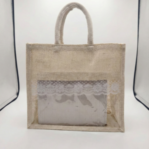 10x11x5 Inch Jute Gift Hamper Bags – Off white  Color – With Window, Zip & Lace | Eco-Friendly Gift Packaging for Festive, Wedding & Corporate Use