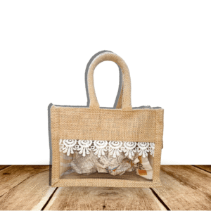 8x6x5 Inch Jute Gift Hamper Bags with Window, Zip & Lace  – Eco-Friendly Gift Packaging for Festive, Wedding & Corporate Use