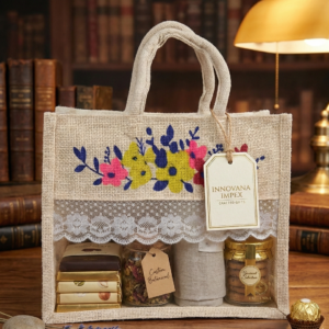 Floral Design 12x10x5 Inch Jute Gift Hamper Bags with Window, Zip & Lace – Off-White Eco-Friendly Packaging for Festive, Wedding & Corporate Gifting