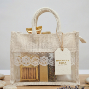 10x8x5 Inch Jute Gift Hamper Bags Off White color with Window, Zip & Lace – Eco-Friendly Gift Packaging for Festive, Wedding & Corporate Use