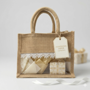 10x8x5 Inch Jute Gift Hamper Bags with Window, Zip & Lace – Eco-Friendly Gift Packaging for Festive, Wedding & Corporate Use