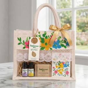 Floral Design 10x8x5 Inch Jute Gift Hamper Bags with Window, Zip & Lace – Off-White Eco-Friendly Packaging for Festive, Wedding & Corporate Gifting