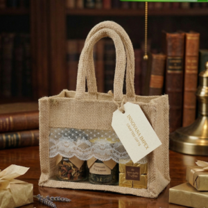 8x6x5 Inch Jute Gift Hamper Bags with Window, Zip & Lace  – Eco-Friendly Gift Packaging for Festive, Wedding & Corporate Use