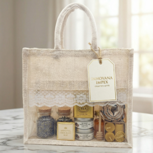 10x11x5 Inch Jute Gift Hamper Bags – Off white  Color – With Window, Zip & Lace | Eco-Friendly Gift Packaging for Festive, Wedding & Corporate Use