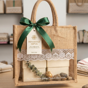 10x11x5 Inch Jute Gift Hamper Bags – Natural Color – With Window, Zip & Lace | Eco-Friendly Gift Packaging for Festive, Wedding & Corporate Use
