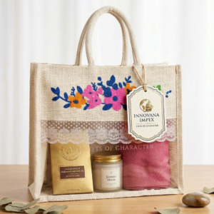 Floral Design 14x12x5 Inch Jute Gift Hamper Bags with Window, Zip & Lace – Off-White Eco-Friendly Packaging for Festive, Wedding & Corporate Gifting