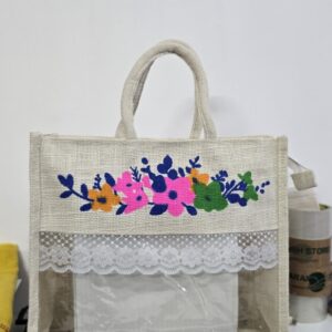 Floral design jute gift hamper bag with window and lace
