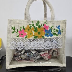 Floral Design 10x8x5 Inch Jute Gift Hamper Bags with Window, Zip & Lace – Off-White Eco-Friendly Packaging for Festive, Wedding & Corporate Gifting