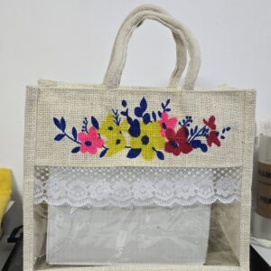 Floral Design 12x10x5 Inch Jute Gift Hamper Bags with Window, Zip & Lace – Off-White Eco-Friendly Packaging for Festive, Wedding & Corporate Gifting