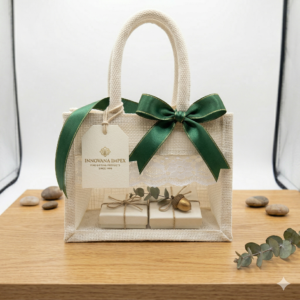 8x6x5 Inch Offwhite Jute Gift Hamper Bags with Window, Zip & Lace  – Eco-Friendly Gift Packaging for Festive, Wedding & Corporate Use (Copy)